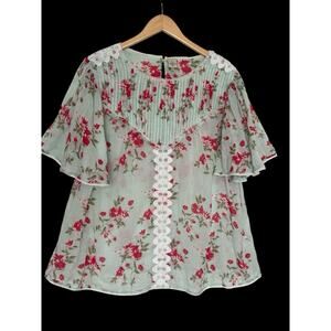 Anthropologie Seen Worn Kept Top Womens Size XL Green Red Floral Crochet Sheer